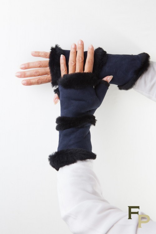 Long Navy Blue Mittens in Lamb Fur and Lamb Velvet