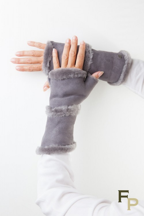 Grey Long Mittens in Lamb Fur and Lamb Velvet