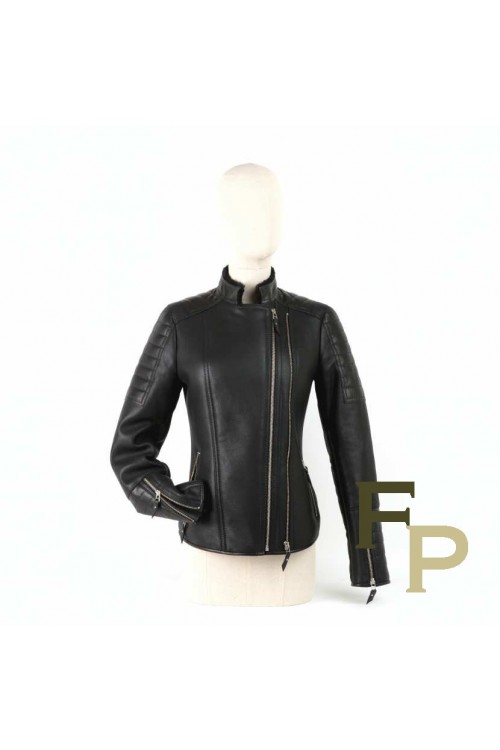 Black Merino Lamb & Leather Jacket for Woman