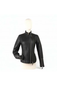 Black Merino Lamb & Leather Jacket for Woman