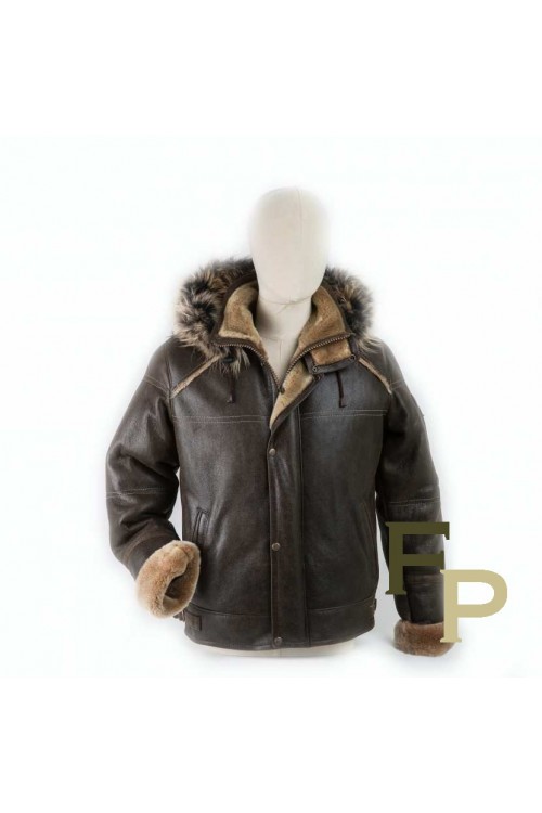 Men Bomber in Merino Lamb with  Fox Hood