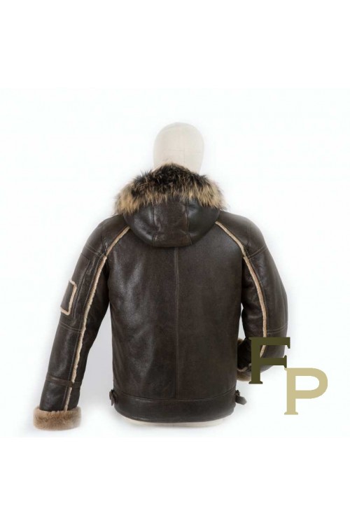 Men Bomber in Merino Lamb with  Fox Hood