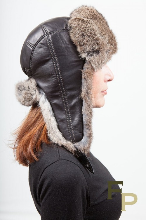 Brown Shapka with Natural Rabbit Fur and Leather