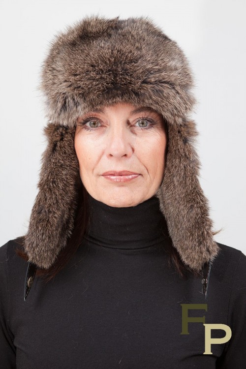 Fur Hat in Natural Rabbit Fur & Black Leather