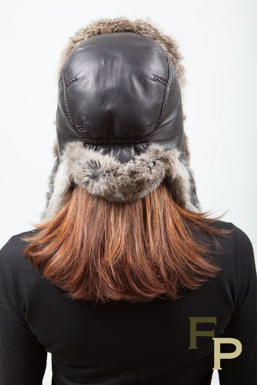 Chapka en Lapin Naturel et Cuir Noir