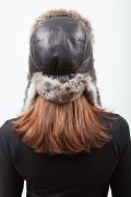 Fur Hat in Natural Rabbit Fur & Black Leather