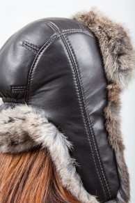 Fur Hat in Natural Rabbit Fur & Black Leather