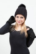 Bonnet  "St Moritz" Noir en Laine et Pompon en Renard