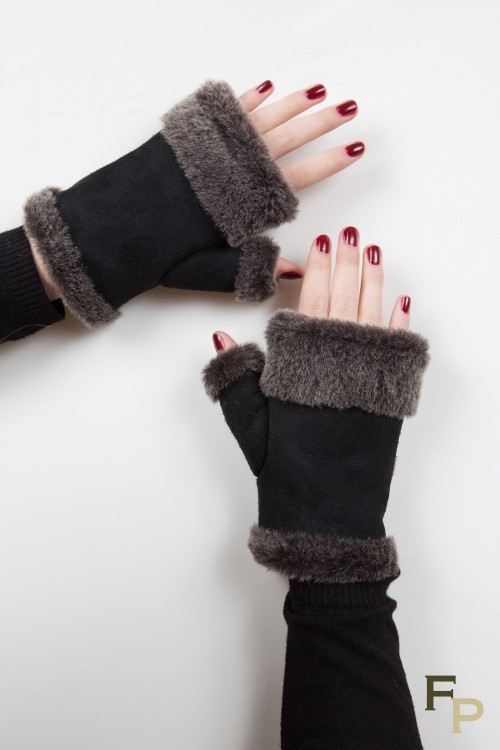 Mitaines en Agneau Noir Fourrure Anthracite