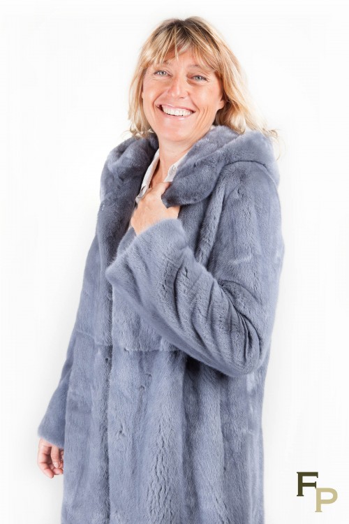 Gray Blue Mink Coat with Hood 