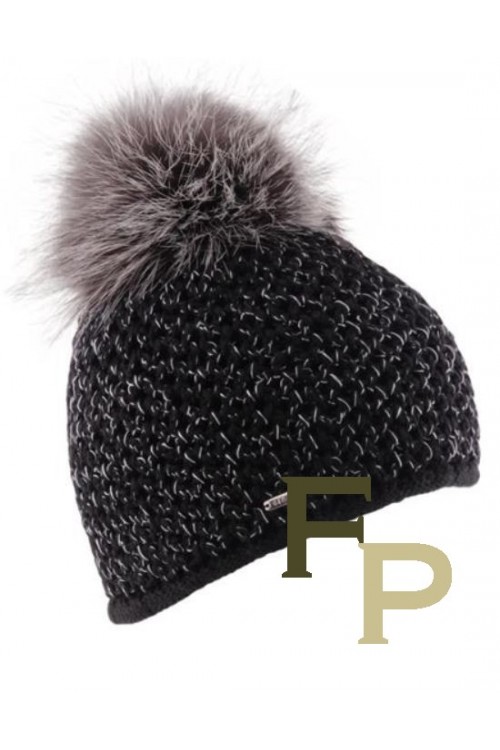 Black Wool Cap with Fox Fur Pompom