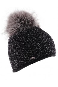 Black Wool Cap with Fox Fur Pompom