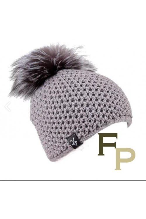 Grey Wool Cap with Fox Fur Pompom
