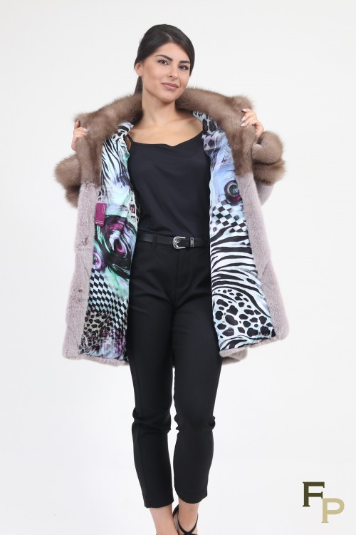 Manteau "Diagonal" en Fourrure de Vison et de Martre Pink Metalic