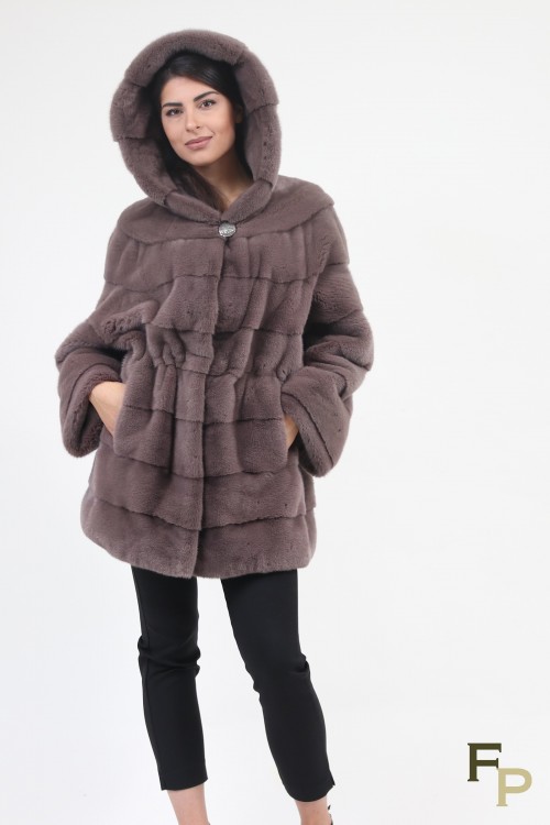 Manteau Loose à Capuche en Fourrure de Vison
