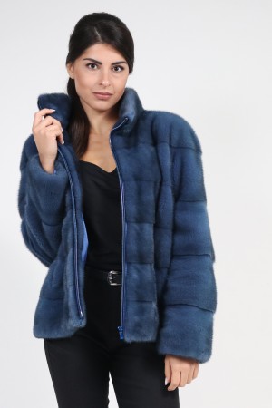 Mens Hooded Mink Fur Coat Blue Jean Color SAGA Mink Fur Coat