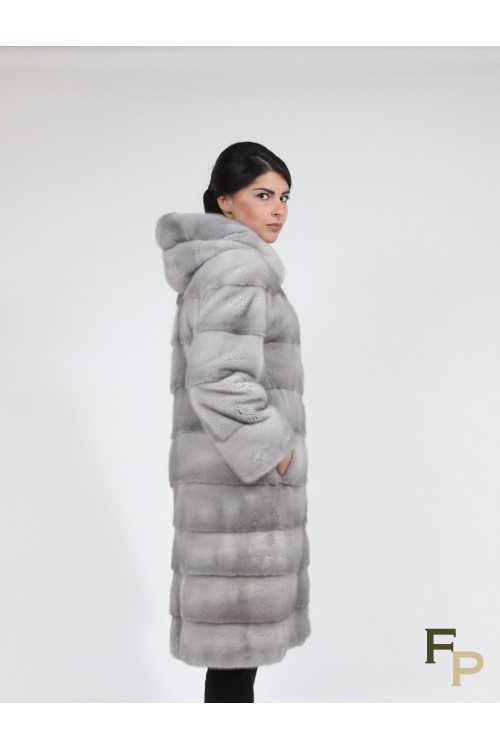 Manteau à Capuche en Fourrure de Vison Gris Sapphire