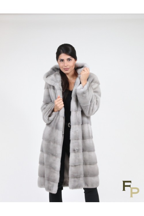 Manteau à Capuche en Fourrure de Vison Gris Sapphire