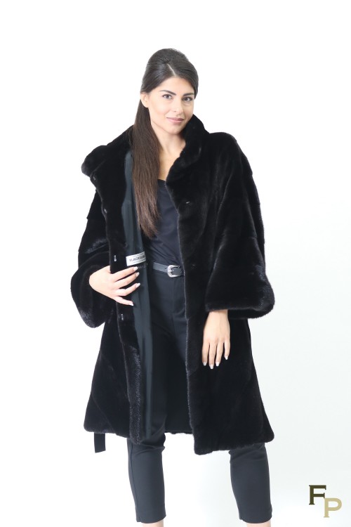 Manteau à Capuche en Fourrure de Vison Gris Sapphire