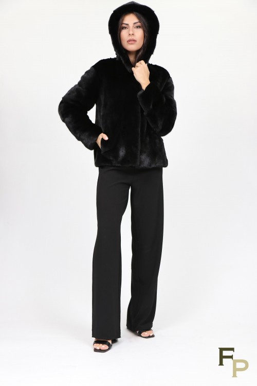 Veste en Fourrure de Vison Noir à Capuche