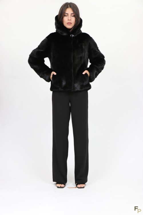 Veste en Fourrure de Vison Noir à Capuche