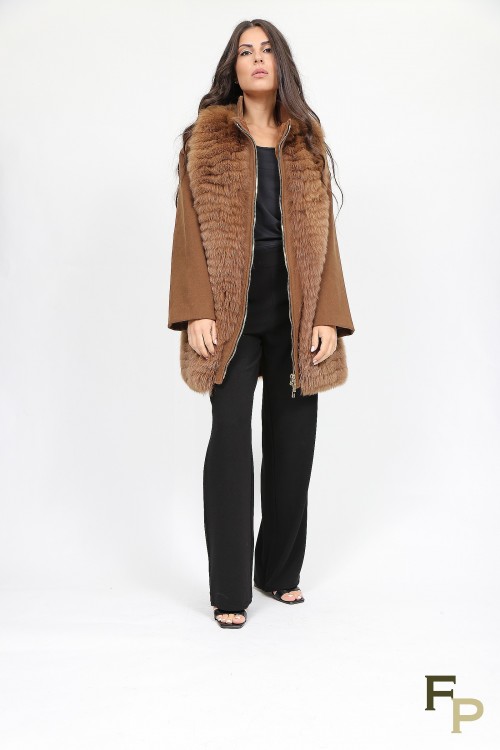 Manteau Laine et en Fourrure de Renard Camel