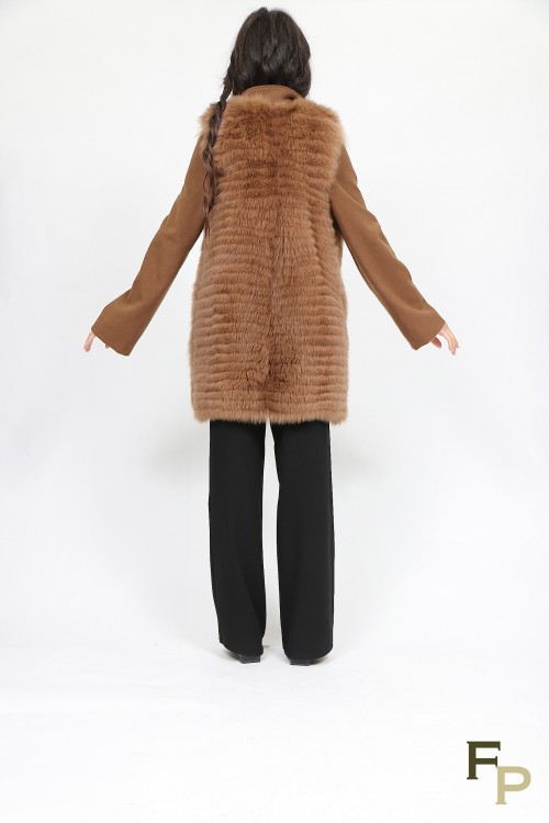 Manteau Laine et en Fourrure de Renard Camel