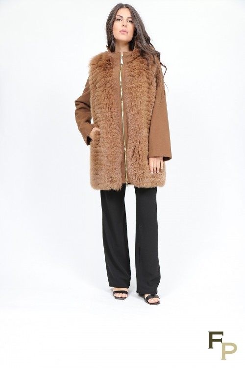 Manteau Laine et en Fourrure de Renard Camel