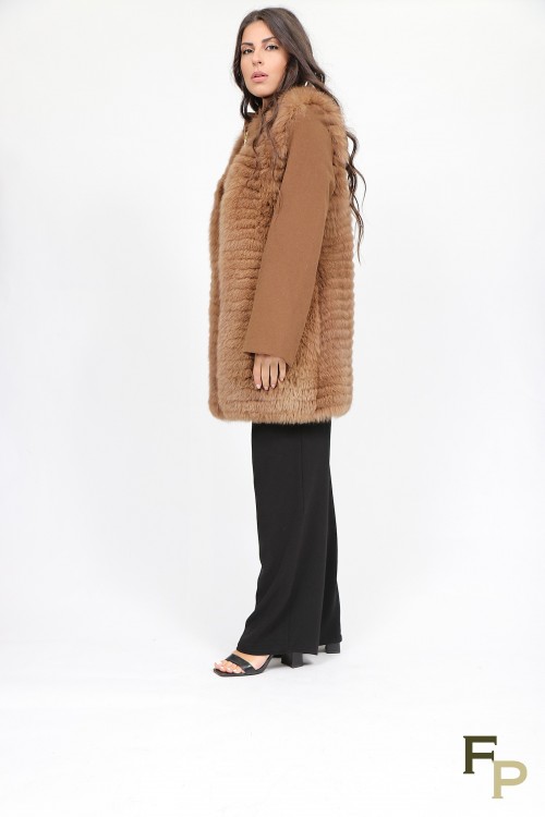 Manteau Laine et en Fourrure de Renard Camel