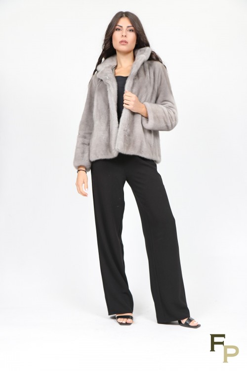 Veste en Fourrure de Vison Gris "Sapphire" Col classique